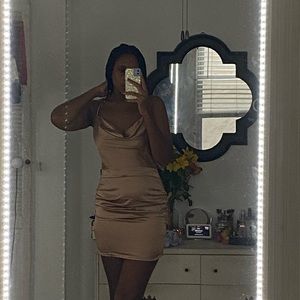 Taupe cowl neck ruched mini